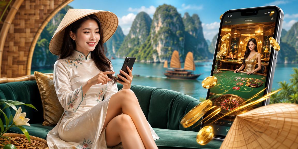 Người dùng Việt Nam trải nghiệm ứng dụng casino trên điện thoại tại vịnh Hạ Long với nón lá truyền thống