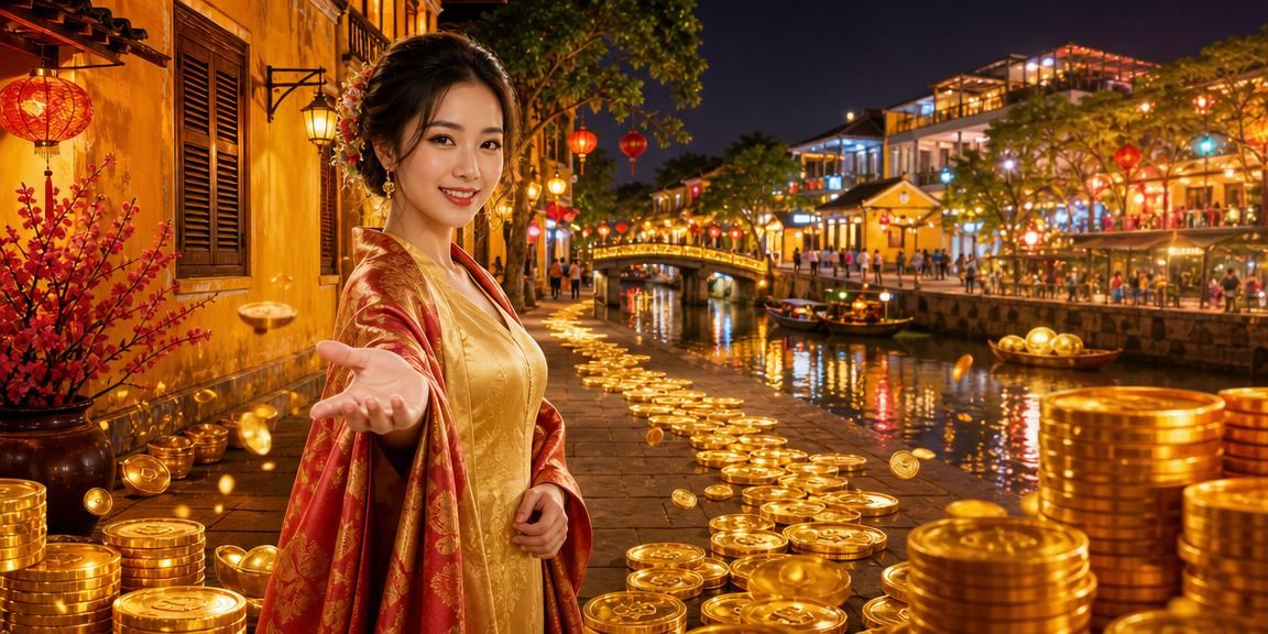Không khí lễ hội đèn lồng Hội An về đêm, người dùng kiểm tra jackpot casino trên điện thoại